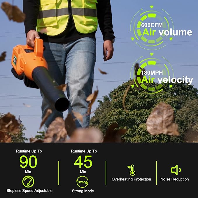 Leaf Blower Cordless with Battery - 40V Powerful Electric Leaf Blower, 600CFM &180MPH and Variable-Speed with 7.5Ah Battery and Charger for Lawn Care, Patio, Dust, Blowing Leaves (Orange)