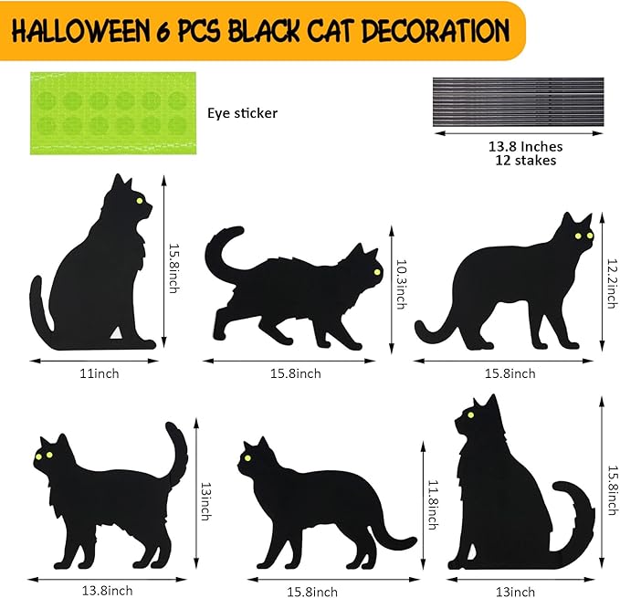 6 PCS Black Cat Halloween Lawn Signs with Stakes, Glow-in-The-Dark Eyes, Spooky Outdoor Yard Decorations for Garden and Halloween