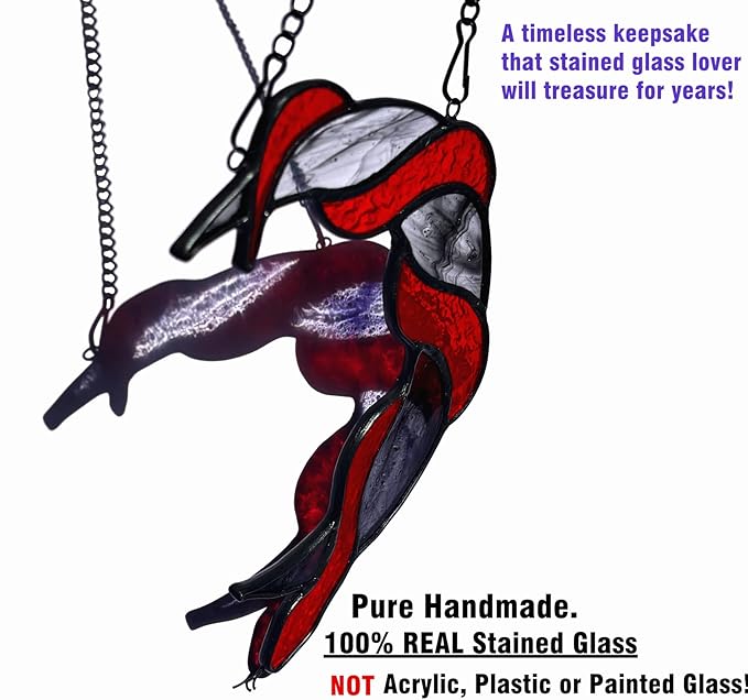 Stained Glass Red Snake on Moon Decor Window Hangings Ornament, Gothic Snake Suncatcher Halloween Decorations, Handmade Stained Glass Gifts Sun Catchers Indoor Window Home Decor.