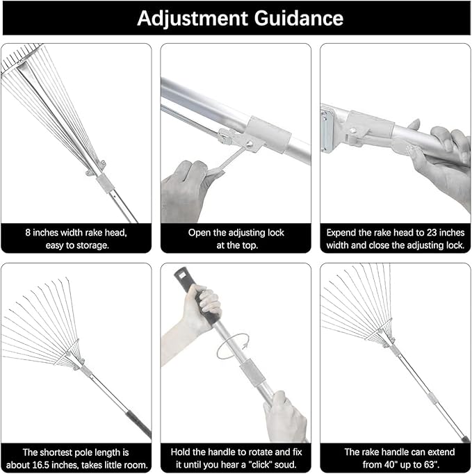 Buyplus Adjustable Garden Leaf Rake - 24 to 63 Inch Telescopic Metal Expandable Folding Leaves Rake, Metal Rakes for Leaves, Yard Rakes for Lawn Yard, Flowers Beds, Sliver