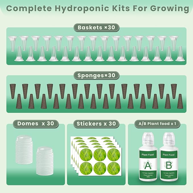 122 Pcs Universal Seed Pod Kit, Square Hydroponic Grow Set with 30 Sponges, 30 Domes, 30 Baskets, 30 Labels, and Hydroponics Nutrients A & B, Compatible with Most Hydroponic Growing System,Herb Garden