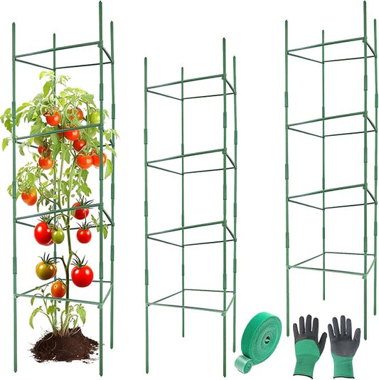 3Pack 18.5" Width Up to 63" Height Adjustable Square Tomato Cages for Garden, Plant Support Stakes for Climbing Vegetable, Tomatoe, Flower, with Twist Ties Snap-On Stake Arms