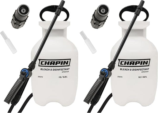 Chapin 20075 Disinfectant Bleach Sprayer, 1 Gallon, Made in The USA, Adjustable Cone Nozzle, Compatible with Bleach Solutions and Fungicides, Translucent White (Pack of 2)