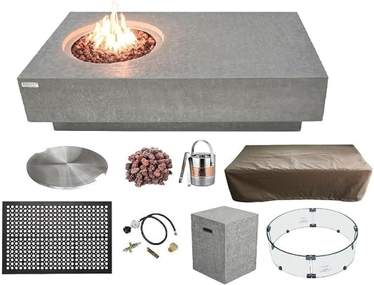 Elementi | Bundle Metropolis Gas Fire Pit Cast Concrete 56" Rectangular Fire Table, Outdoor Fire Pit Electronic Ignition | Canvas Cover, Lava Rock Included | Light Gray (Propane Gas)