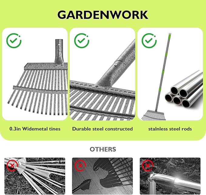 GARDENWORK Rake for Leaves,11&25 Tines Rakes for Lawns,73" Adjustable Garden Rake,Metal Leaf Rakes for Picking Leaves Yard Women Kids Cleanup Grass,Debris,Pine Needles Pick