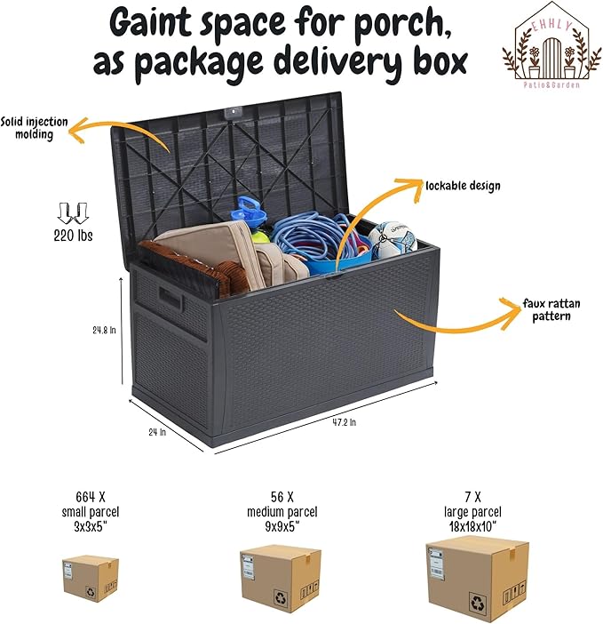 121 Gallon Outdoor Storage Box Large, Lockable Outside Storage Containers Waterproof Patio Cushions Deck Boxes, Rattan Plastic Garden Hose Boxes Resin Pool Storage Bins, Grey