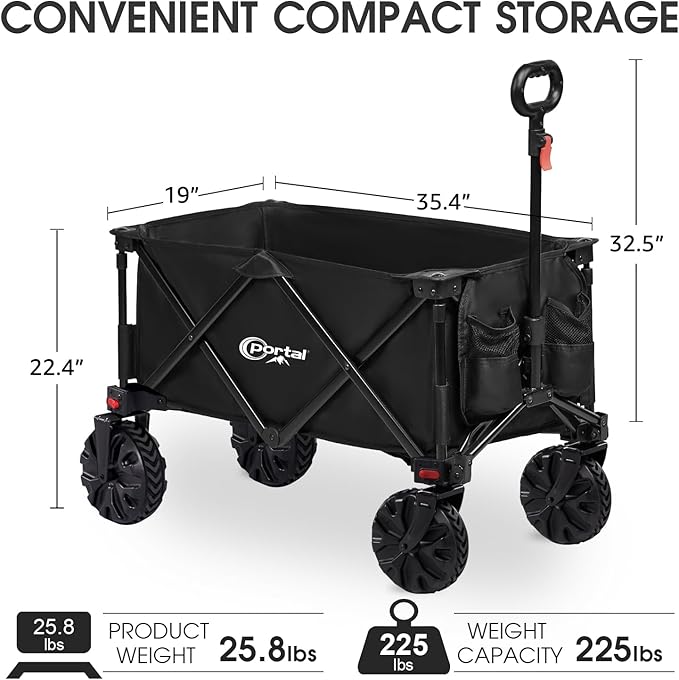 PORTAL Collapsible Folding Utility Beach Wagon Carts Heavy Duty with All Terrain Wheels for Outdoor, Camping, Garden, Shopping, Groceries, Foldable, Large Capacity, Portable, Black