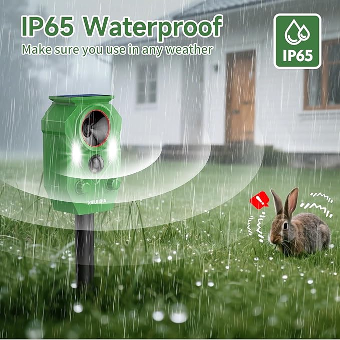 Solar Ultrasonic Animal Repellent Outdoor, Deer Repellent for Yard with RIP Sensor, IP65 Waterproof Squirrels Repeller, Effective Deterrent Cat, Raccoons, Skunks, Rabbits - Light Green