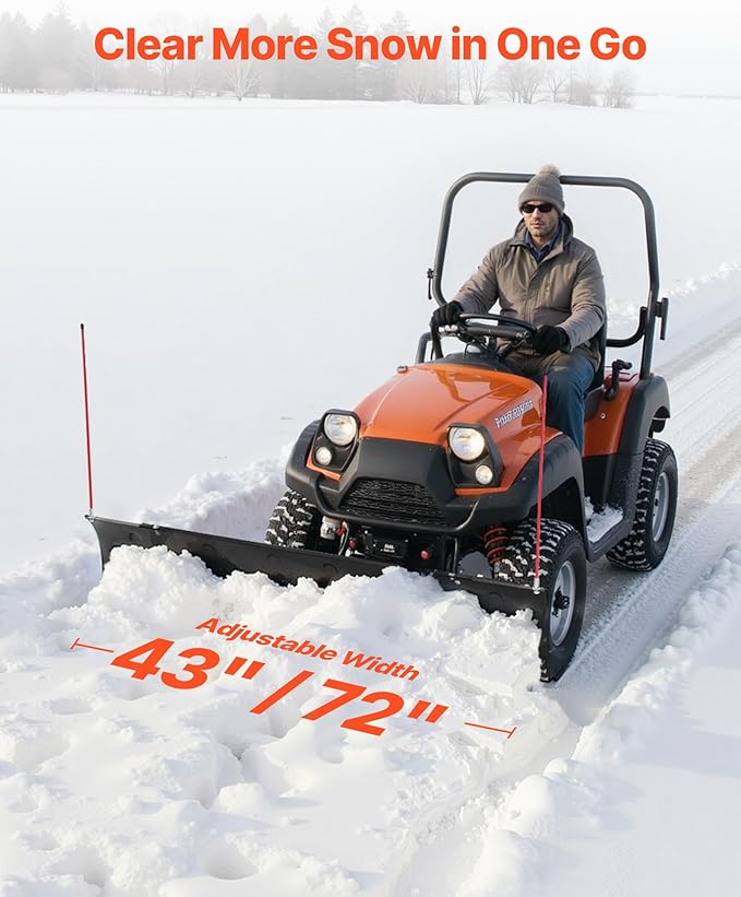 VEVOR Snow Plow Blade, 43 in/72 in Width Adjustable Snow Plow Kit, Easy to Detach, Universal Mount Plowing Attachment with Rubber Flaps, Heavy Duty Steel Blade, Compatible with Most UTV & ATV