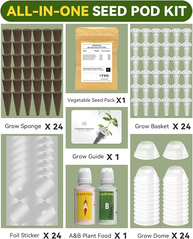 LYKOCLEAN Vegetable & Salad Green Seed Pod Kit for Aerogarden, Ahopegarden, iDOO (24 Pods) – Non-GMO American Fast Lettuce, Green Pepper, Cucumber, Parsley Seeds, Compatible with All Hydroponic System
