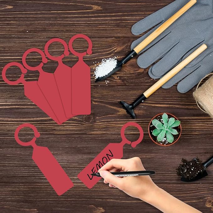 Plant Labels Yuanling 100Pcs Plastic Waterproof Plant Tree Tags Nursery Garden Markers for Indoor Outdoor Gardening Plants Vegetables Flowers Potted (Red Color with 1 Marker Pen)