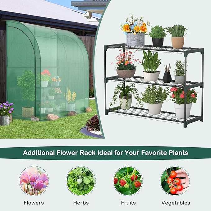 Happygrill Walk-in Greenhouse with 3-Tier Flower Rack, Weatherproof PE Cover & Roll-up Zipper Doors, Lean-to Greenhouse for Garden, Backyard, Balcony