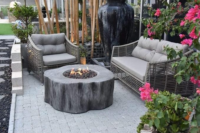 AMS Fireplace | Elementi | Round Natural Gas Fire Pit Table | Canvas Cover, Lava Rocks and Gas Key Valve Included | Fuel: Natural Gas, Manchester - Classic Grey