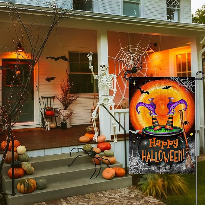 Happy Halloween Garden Flags for Outside 12x18 Inch Double Sided Burlap, Spooky Ghost Bat Sign Small Flag Farmhouse Holiday Yard Outdoor Decorations DF857