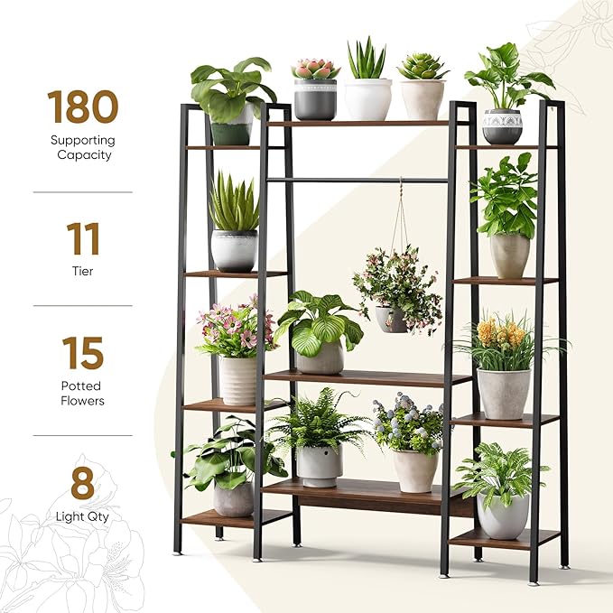 55" Large Plant Stand Indoor with 8 LED Grow Lights (3 Modes & Auto Timer) - 12 Tiered Metal Plant Shelf, 10 Dimmable Brightness Levels, Flower Stand Display Rack for Patio Balcony Garden