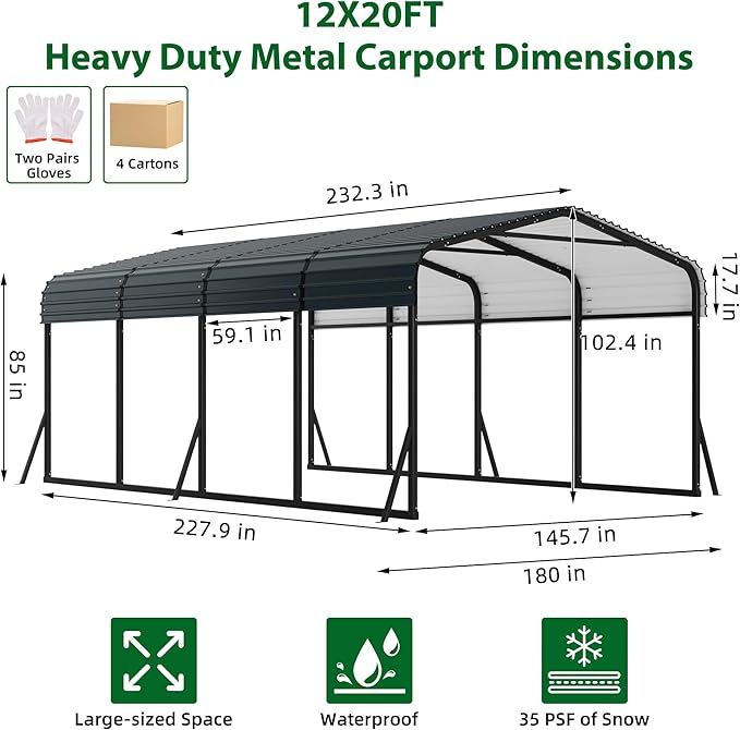 12' x 20' x 8.5' Heavy Duty Metal Carport with Galvanized Steel Roof, Steel Carport Kits Outdoor with Metal Roof, Galvanized Car Shelter for Tractors, Pickup, Boat, Car