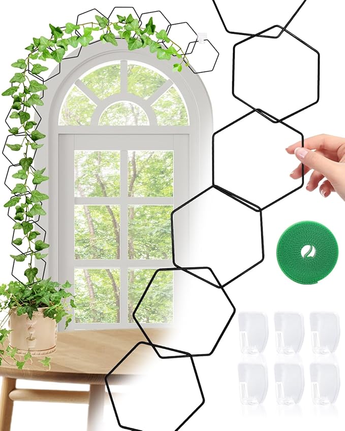18 Pcs Garden Chain Trellis for Indoor Climbing Plants, Unique 6-Corner Plant Accessory with Hooks and Ties, Wall Trellis Plant Support for Hoyas, Ivy, Monstera Outdoor (Black)
