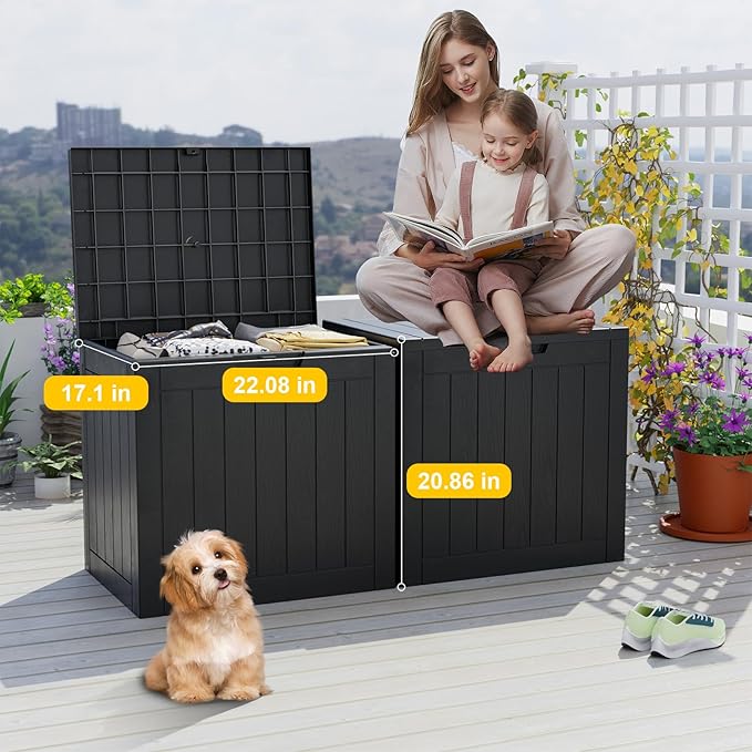 30 Gallon Deck Box,Resin Outdoor Storage Box with Lockable for Patio Furniture, Garden Tools Waterproof Outside Storage Box (Black)
