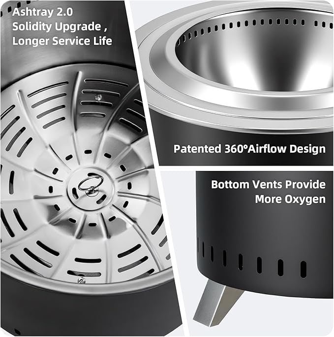 Smokeless Fire Pit,22 Inch Stainless Steel Firepit, Outdoor Wood Burning Fire Pit with Cover,Smokeless Firepits for Outside Backyard Patio Garden Camping Bonfire(Black)