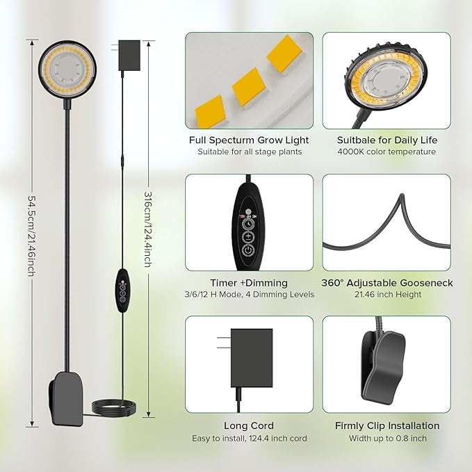 Grow Lights Indoor, Clip On Plant Lights for Indoor Growing, Full Spectrum LED Plant Grow Lamp, Auto Timing 4/8/12Hrs, 12W 4000K Pot Plant Growing Lamps with 4 Levels Dimmable Black, 2 Pack