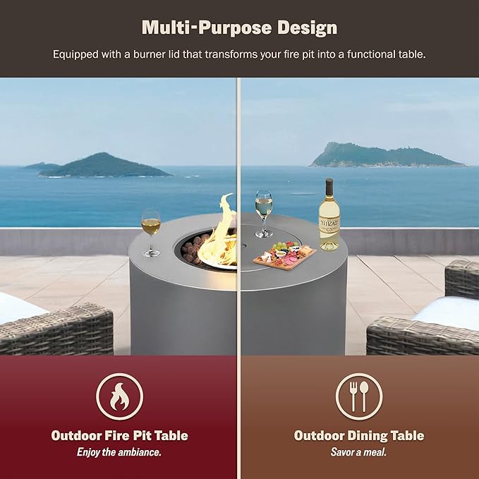 Kinger Home Loren 32-Inch Round Propane Fire Pit Table, Alloy Steel Outdoor Fire Pit with 50,000 BTUs, CSA Certified, Includes a Burner lid, Lava Rocks and Weatherproof Cover