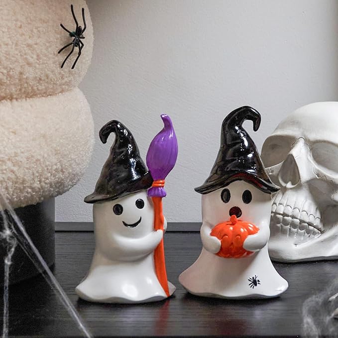 WDS WONDROUS Halloween Decor Ghost Figurines Set of 2 – White Ghosts Decor with Black Witch Hats and Broom&Pumpkin – Resin Cute Ghost Decoration Indoor Table Decor for Shelf Tiered Tray Home