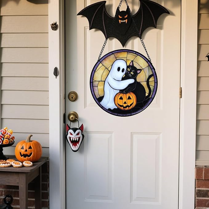 Stained Glass Window Hanging - Halloween Decorations Cute White Ghost Black Cat Suncatcher for Doors Garden Spooky Sun Catchers Gothic Decor Horror Gifts for Women Men Friend Boy 15 in