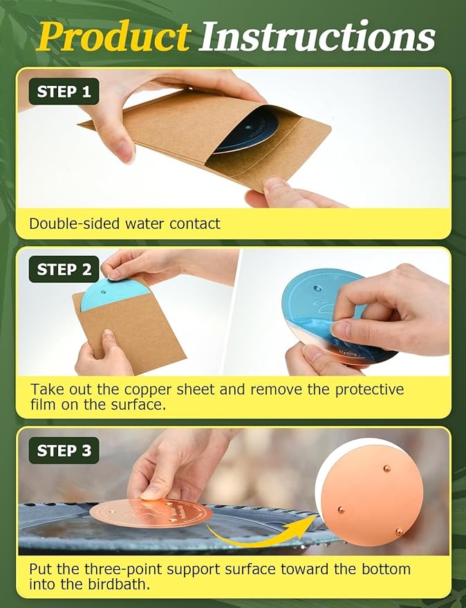 Mellbree 3-Pack Bird Bath Copper Disk, 0.6mm Reinforced 99.99% Pure Copper Cleaning Disk with Triple-Point Support for Physical Safe Clean Water All-Season