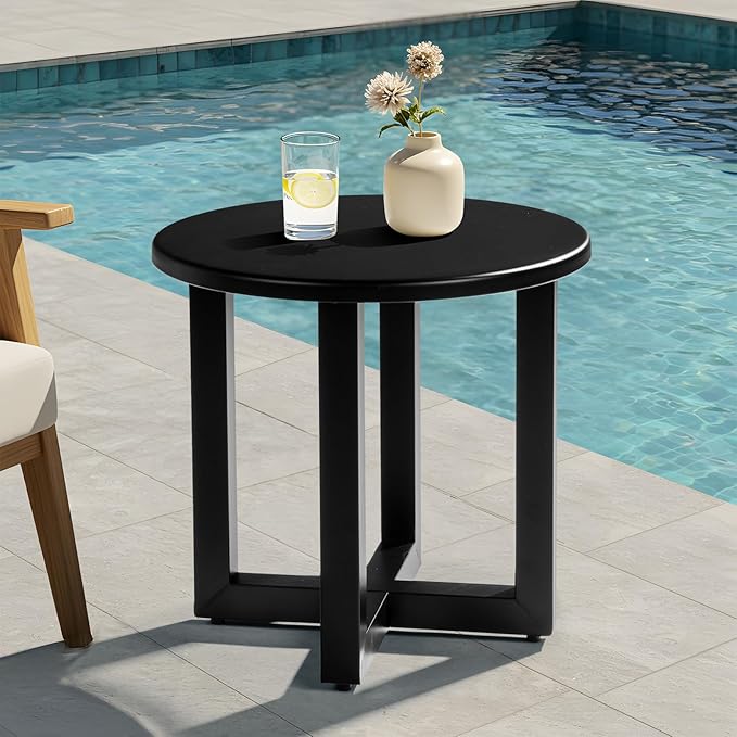 VINGLI Round Outdoor Side Table, Small Metal Outdoor Table Patio End Tables for Balcony, Porch, Garden and Poolside (Black)