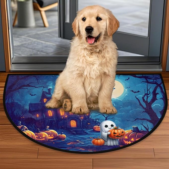 Halloween Half Round Door Mat, Halloween Castle Pumpkin Ghosts Semicircle Door Mats, Non Slip Area Rug Soft Doormat for Indoor Entrance Wear Resistant Welcome Mat for Garage Patio Home 24 x 36 In