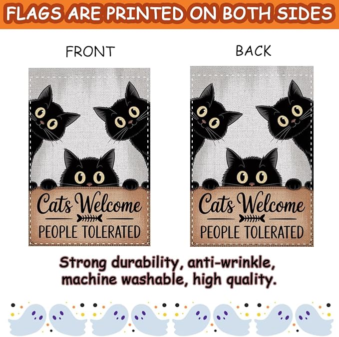 Fokongna Cats Welcome Garden Flag, Cats Welcome People Tolerated Sign Flag, 12x18 Inch Burlap Vertical Double Sided Flags, for Home Yard Outside Decorations