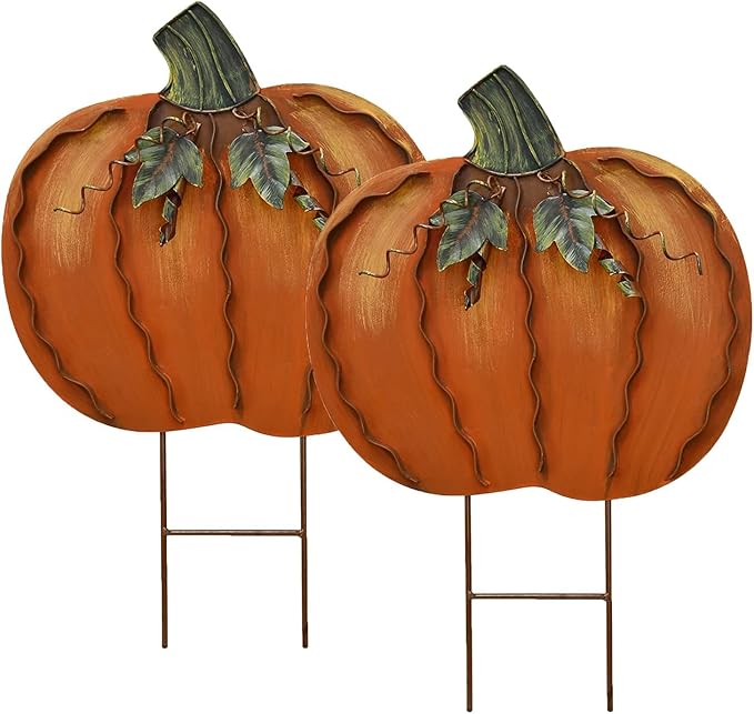 Morning View Pumpkin Garden Stakes Metal Yard Sign Fall Decor Outdoor Autumn Yard Stake Art Pumpkin Lawn Ornaments for Patio Porch Thanksgiving Halloween Harvest 17.5 Inches Tall Set of 2