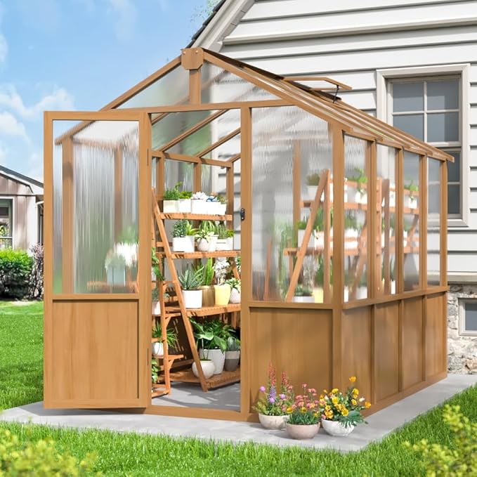 6x8 FT Greenhouse, Wooden Walk-in Greenhouse for Outdoors with 6MM Thick Polycarbonate Panel and Adjustable Roof Vents, Garden Backyard, Patio, Lawn, Wood Colour