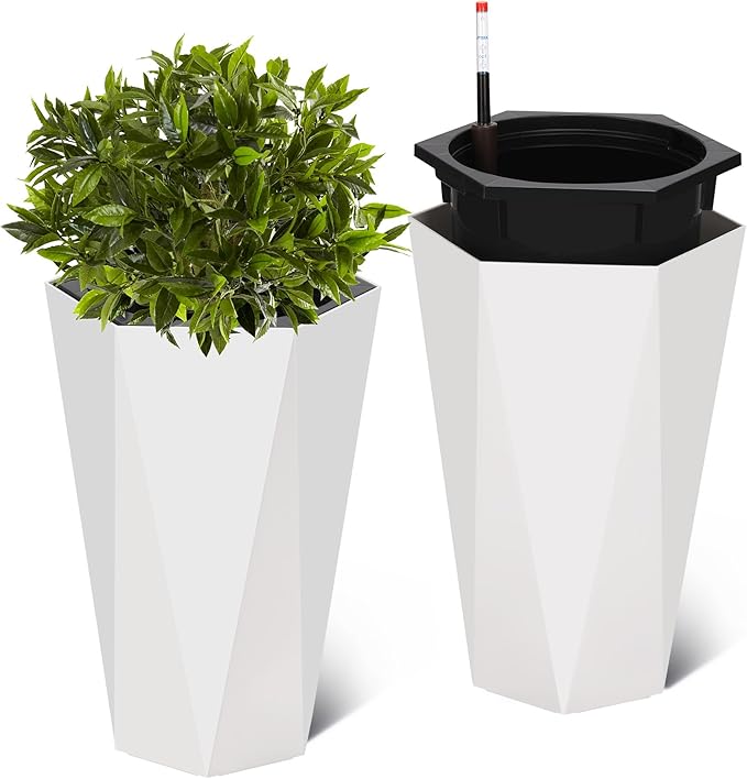 23 Inch Tall Outdoor Planters Set of 2, Self Watering Pots for Indoor Plants with Water Level Monitor & Drainage Hole & Wheels, Large Planter Pots for Garden, Patio, Balcony, White