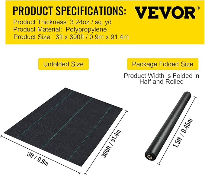 Happybuy 3FTx300FT Weed Barrier Landscape Fabric Heavy Duty 3.2OZ, Woven Weed Blocker Gardening Mat, Garden Weed Control Fabric, Geotextile Drainage Fabric, Driveway Fabric Landscaping Ground Cover