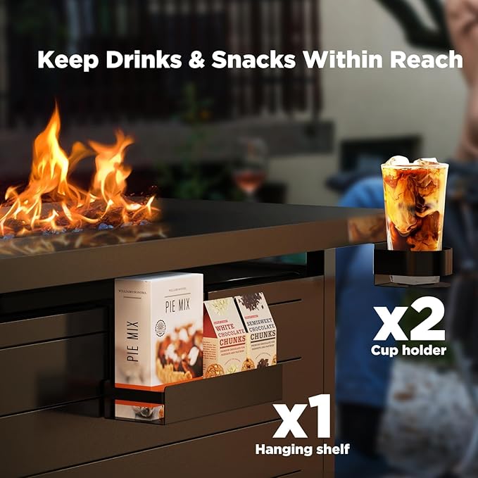 Ciays 43″ Fire Pit Table with Glass Beads & Lid, CSA-Certified Gas Fire Pit with Cup Holders, Hanging Shelf & Nylon Cover, Large Outdoor Fire Pit for Patio/Porch/Deck, 60,000 BTU Heat Output, CIFPT9B