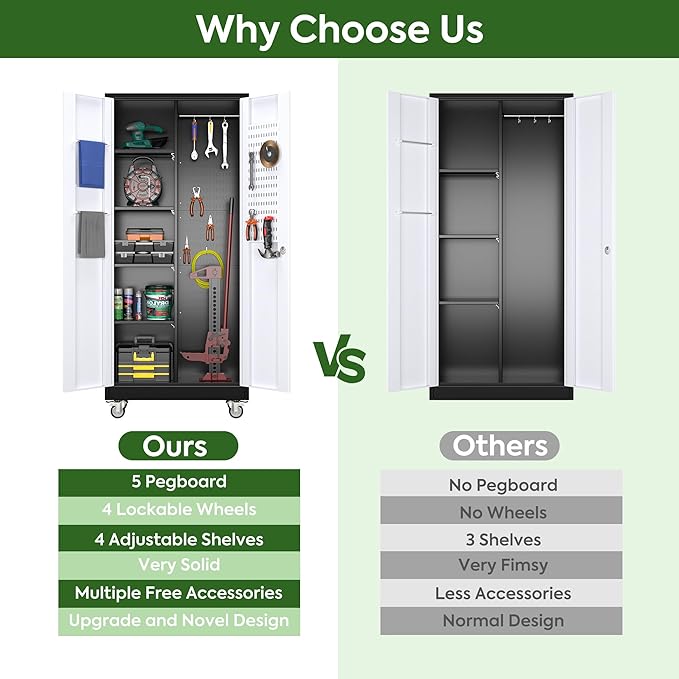 Broom Closet Storage Cabinet with Wheels and Pegboard,Metal Garage Storage Cabinet with Doors and Adjustable Shelves for Garage Home Office,Required Assembly,Black and White