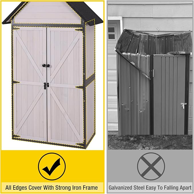 Aivituvin Storage Shed Outdoor Cabinet with All-Around Strong Metal Frame Wooden Tool House with Adjustable Shelfs and Floor,Waterproof Roof (White)
