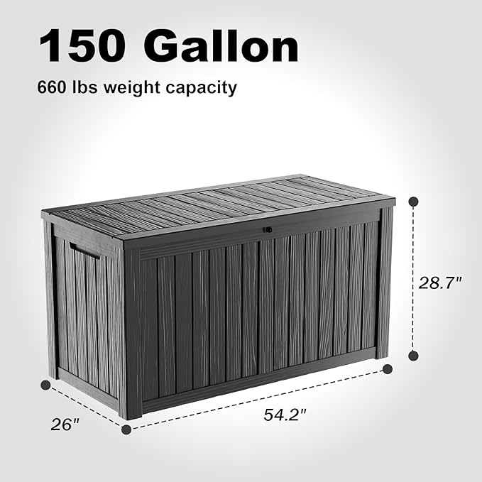ROJIK 150 Gallon Outdoor Storage Box Waterproof-Patio Furniture Resin Deck Box, Garden Tools, Cushions, Pool Accessories Storage Bench with Lockable Lid and Side Handles (Black, 150 Gal)