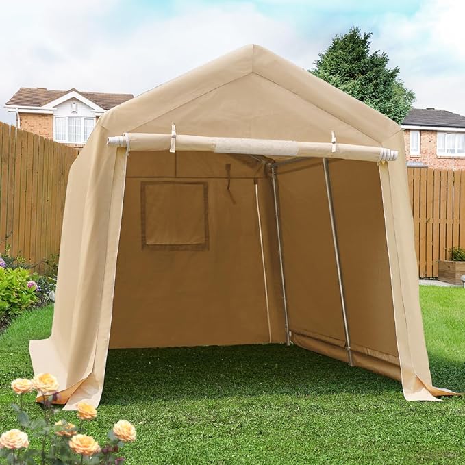 ADVANCE OUTDOOR 8X14 ft Steel Metal Peak Roof Portable Garage Shelter Storage Shed Carport for Motorcycle Bike or Garden Tools with 2 Roll up Doors & Vents, Beige