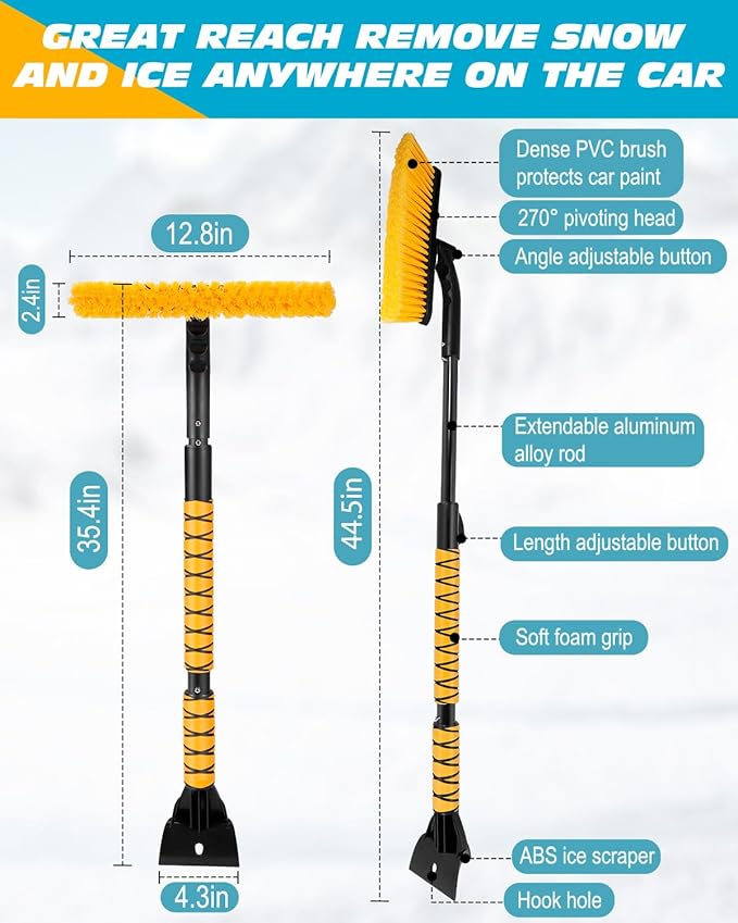 44.5" Ice Scraper for Car Windshield, Extendable Snow Brush with 270° Pivoting Brush Head and Foam Grip for Car Auto Truck SUV
