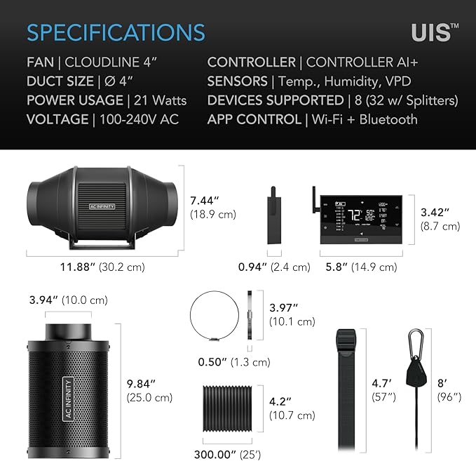 AC Infinity Air Filtration PRO Kit 4”, AI Controller with WiFi App Control & Auto Level Adjusting, Inline Fan, Carbon Filter, Ducting, Ventilation System for Grow Tents, Hydroponics, Indoor Gardening
