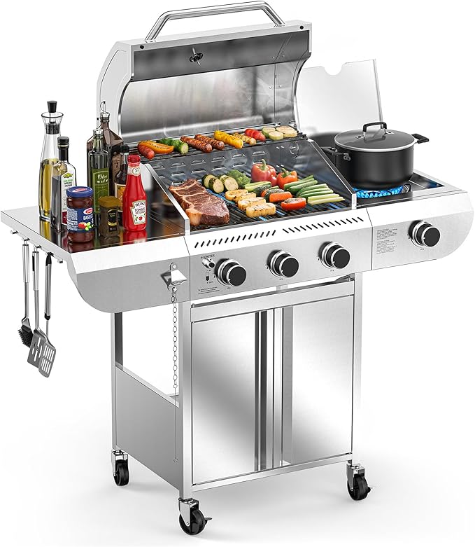 G31Pro Gas Grill,Heavy-Duty Stainless Steel Propane Gas Grill.3 Burner Gas Grill with Side Burner,34000 BTU BBQ Grill for Outdoor Cooking,Barbecue,Garden and Patio Backyard