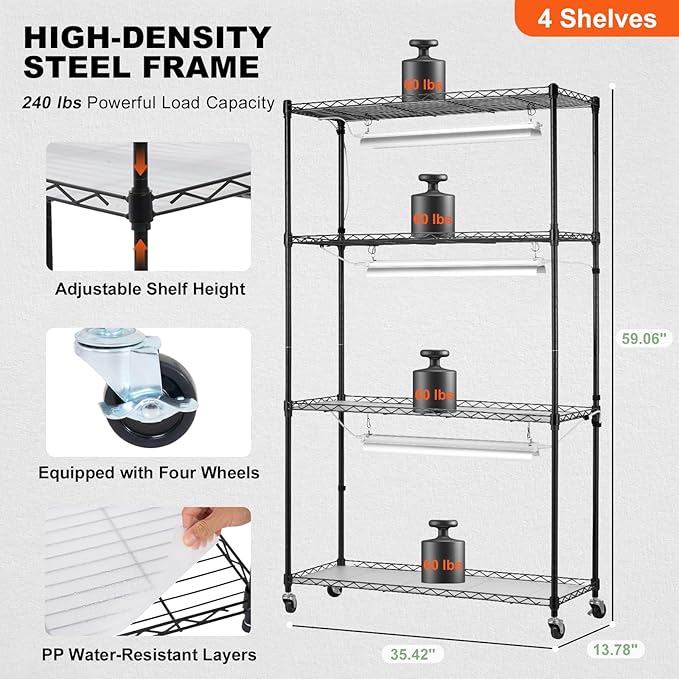 VEVOR Plant Stand with Grow Light, 4 Tier Plant Shelf with 90W Grow Light for Indoor Plants, 3 Modes Grow Light Shelf Full Spectrum Lights Adjustable Metal Plant Stand for Seed Starting