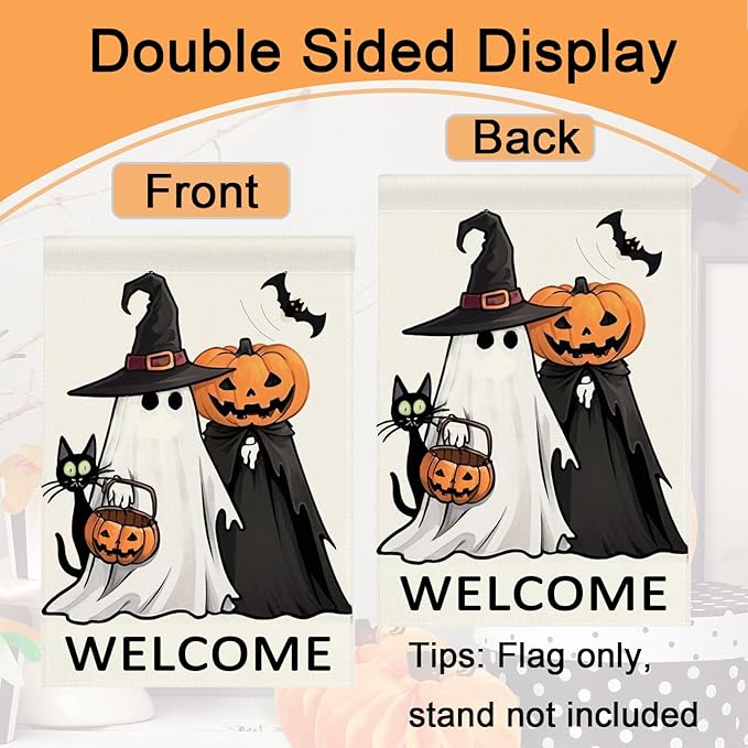 Welcome Halloween Garden Flag 12x18 Double Sided Outside Ghost Jack-o'-Lantern Bat Outdoor Decorative Burlap Yard Flag