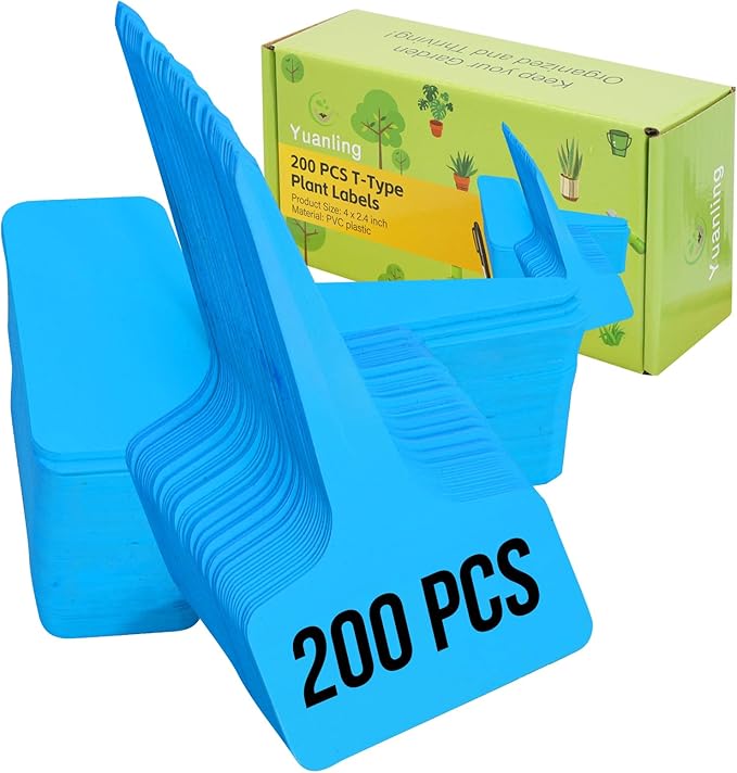Plant Labels 200 Pcs Yuanling T-Type Plastic Garden Tags Waterproof Plant Sign Stakes Nursery Garden Makers for Seedlings Flower Vegetables Herb Potted Belt Permanet Marker Pen (Blue)