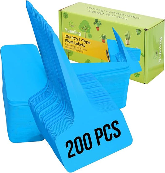 Plant Labels 200 Pcs Yuanling T-Type Plastic Garden Tags Waterproof Plant Sign Stakes Nursery Garden Makers for Seedlings Flower Vegetables Herb Potted Belt Permanet Marker Pen (Blue)