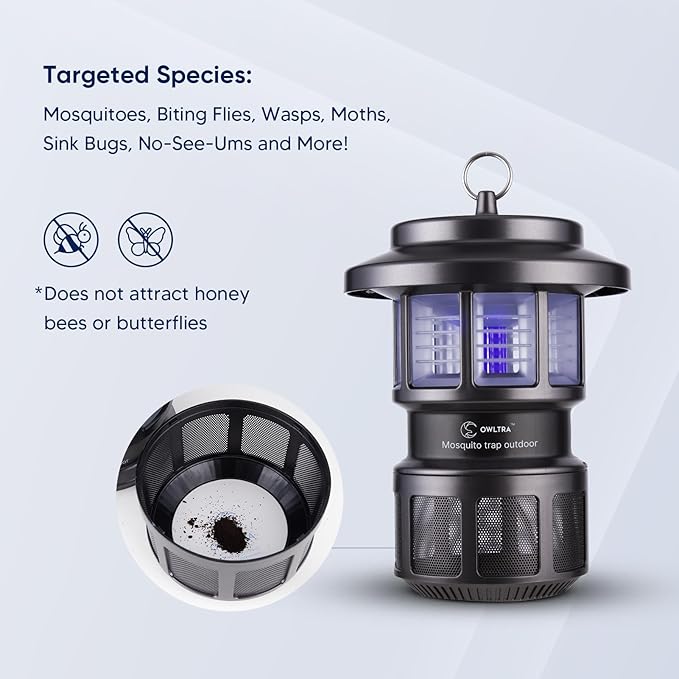 OMT-L20 Indoor & Outdoor Electric Insect Trap, Catcher & Killer Lamp for Mosquitoes, Biting Flies, Wasps, Moths, Sink Bugs, No-See-Ums and More with Light Attraction and Fan Suction, Gray