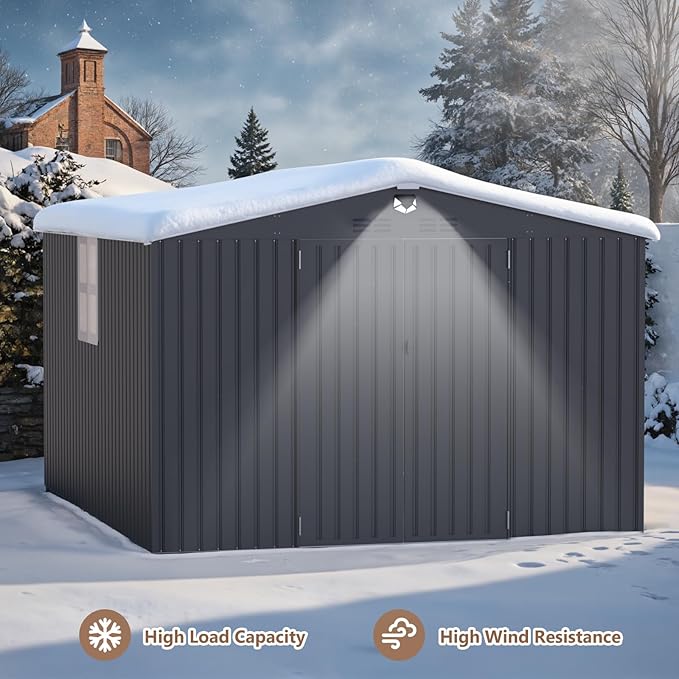 10x12 FT Outdoor Storage Shed, Metal Garden Shed - Tool Storage Sheds with Lockable Doors & 1 Clear Window, Waterproof Outside Storage Building for Backyard, Patio (Black; Floor Not Included)