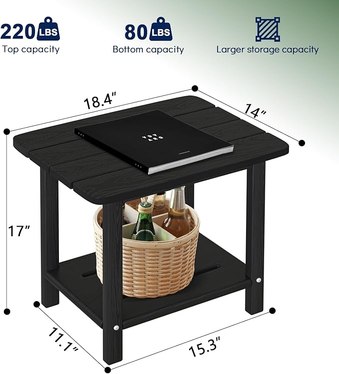 nevilywood Adirondack Square Side Table - 18.4" Large Panel HDPE Outdoor End Table - Weatherproof, Rustproof & Low Maintenance for Patio, Lawn, Pool, Indoor Use (Black)